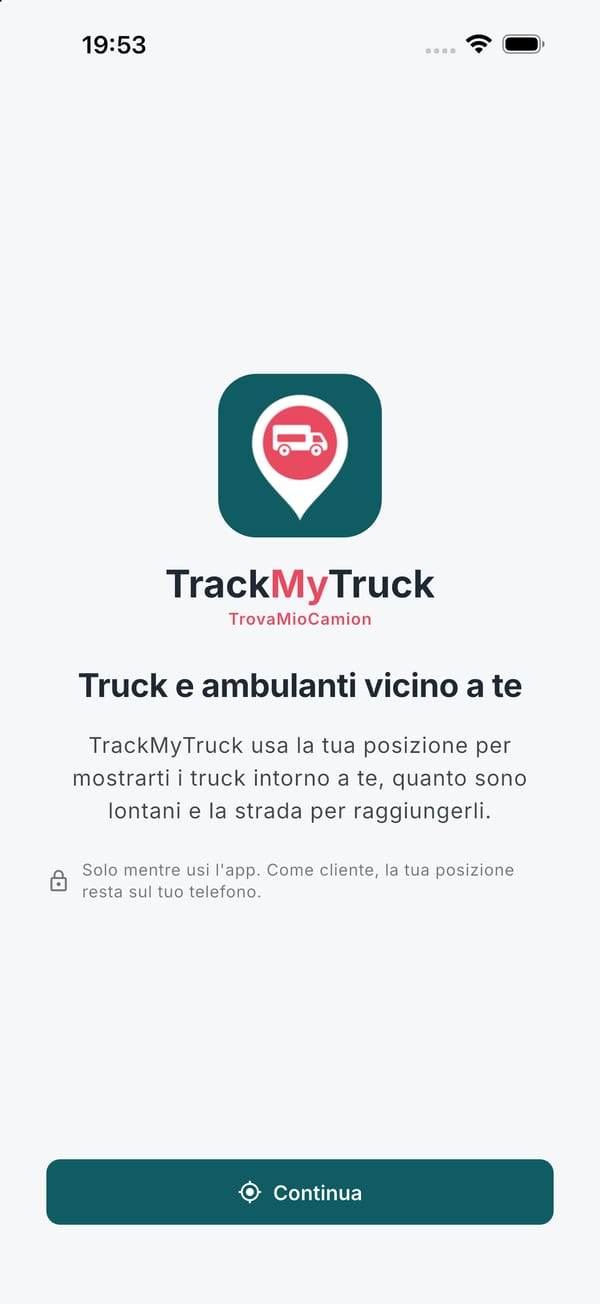 La prima schermata dell'app con il bottone Continua