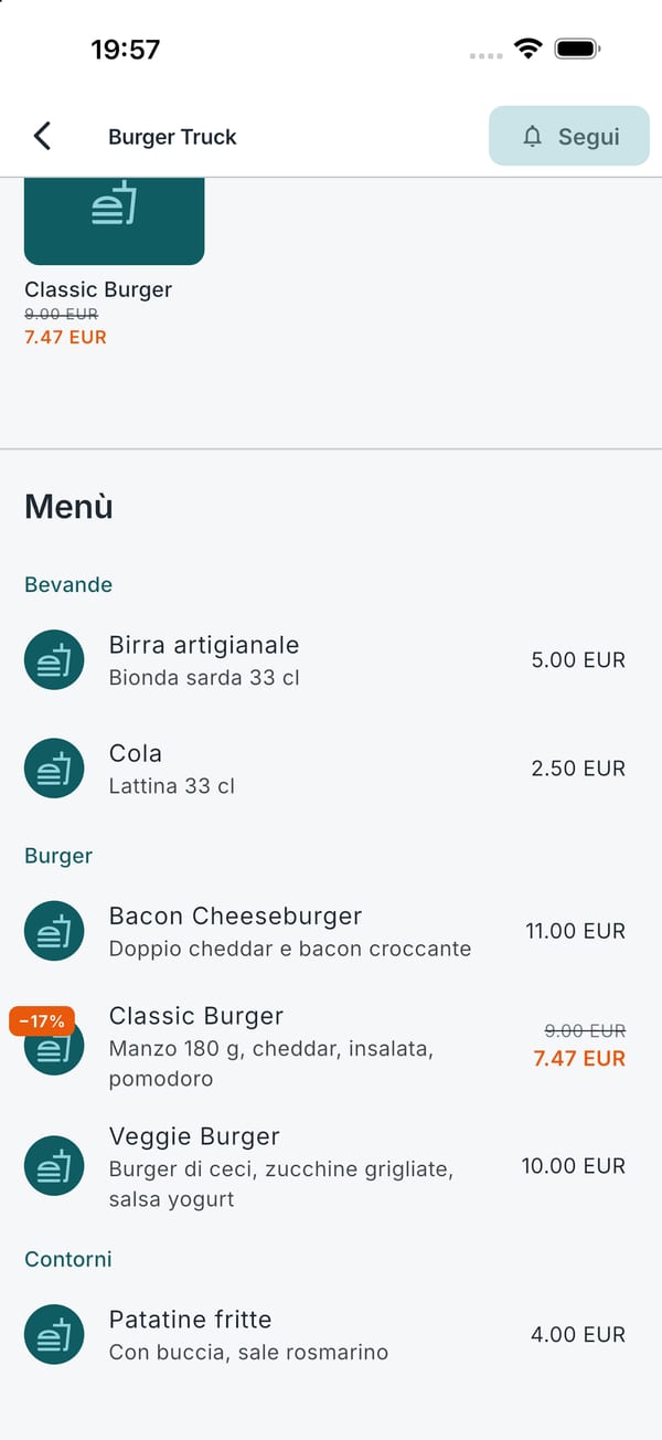 Il menù del truck con prezzi e sconto