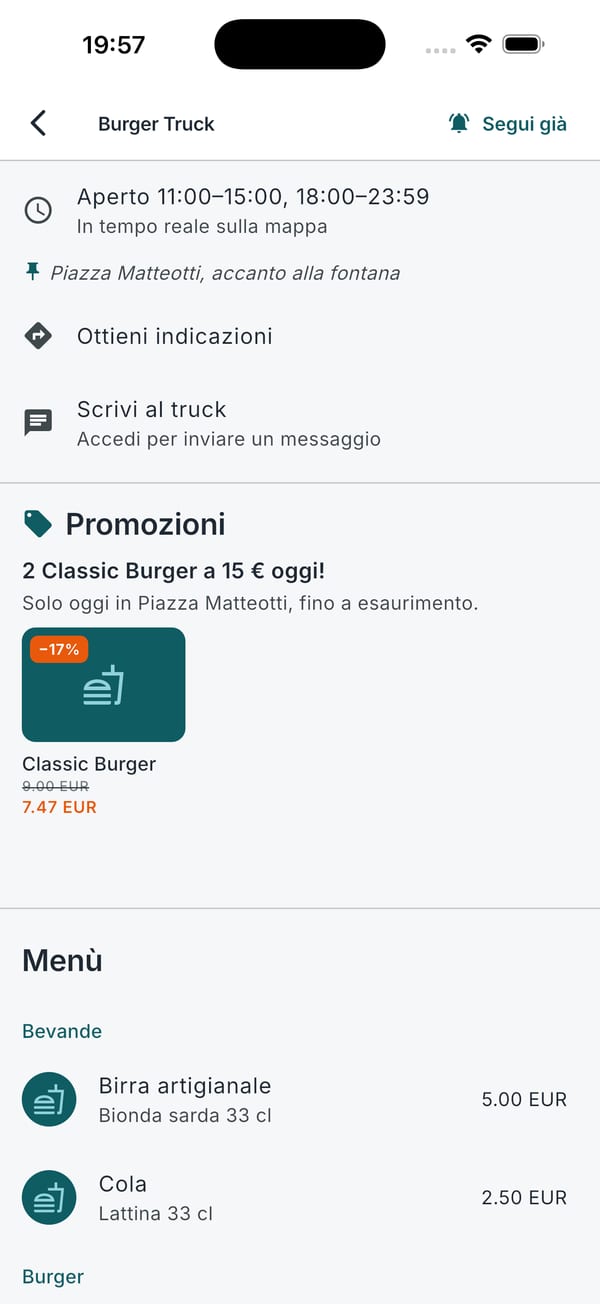 Il bottone Segui già sulla pagina del truck