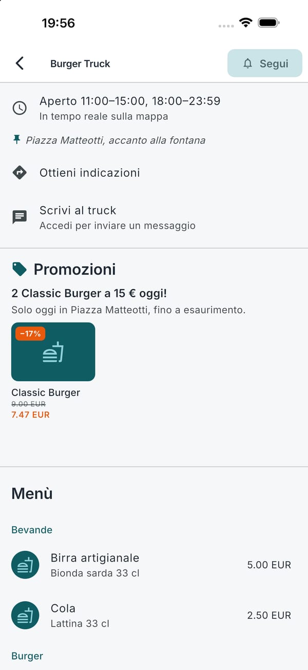 La pagina del truck: orari, posizione, promozioni